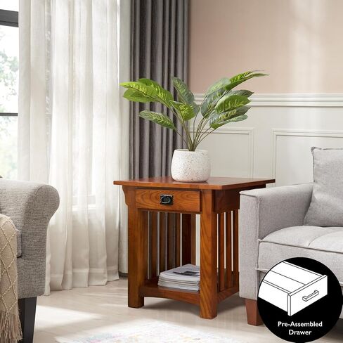 Leick Home 8207 Mission Impeccable End Table with Drawer, Made with Solid Wood, Side Table for Living Room, Bedroom, Medium Oak Finish, Russet in Saudi Arabia