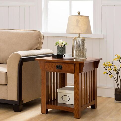 Leick Home 8207 Mission Impeccable End Table with Drawer, Made with Solid Wood, Side Table for Living Room, Bedroom, Medium Oak Finish, Russet in Saudi Arabia