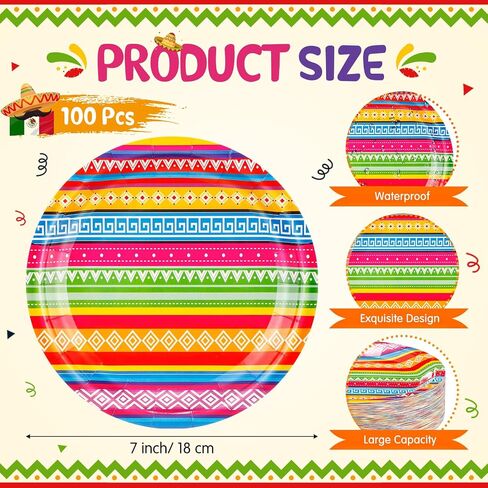 100 Pcs Mexican Paper Plates 7 Inch Disposable Fiesta dessert Plates Mexican Party Supplies for Taco Tuesday Birthday Party Decorations(White Mandala) in Saudi Arabia