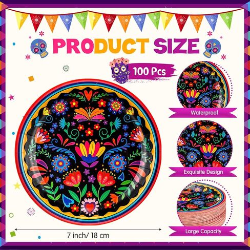 100 Pcs Mexican Paper Plates 7 Inch Disposable Fiesta dessert Plates Mexican Party Supplies for Taco Tuesday Birthday Party Decorations(White Mandala) in Saudi Arabia
