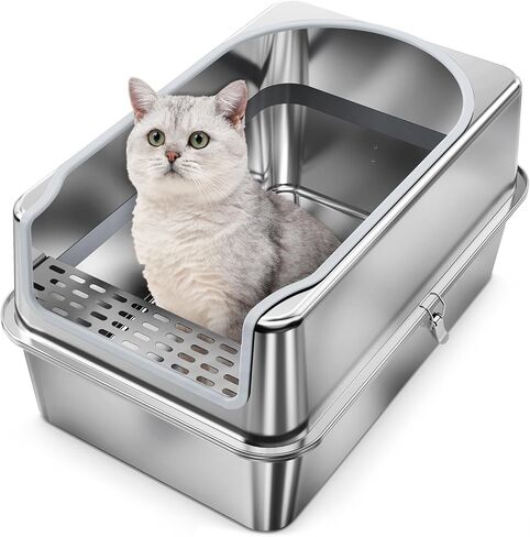 Stainless Steel Litter Box - Entirely Metal high Side Litter Box - XXL Stainless Steel Cat Litter Box for Big Cats & Multiple Cats Use-Rugged & Easy to Clean,Odor Free (Step-Sliver, XL) in Saudi Arabia