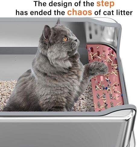 Stainless Steel Litter Box - Entirely Metal high Side Litter Box - XXL Stainless Steel Cat Litter Box for Big Cats & Multiple Cats Use-Rugged & Easy to Clean,Odor Free (Step-Sliver, XL) in Saudi Arabia