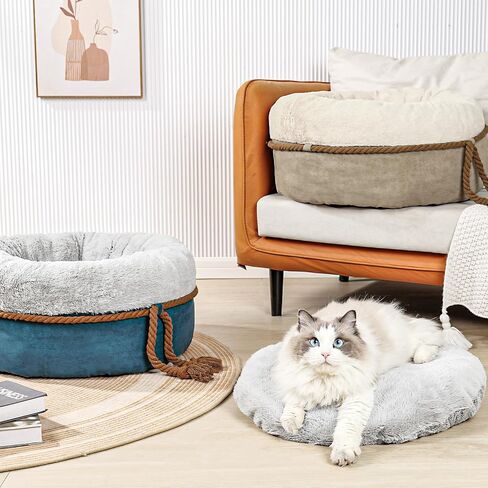 寵幸 Cat Beds for Indoor Cats - Donut Washable Small Pet Bed, 22 inches Anti-Slip Round Fluffy Plush Large Cat Bed, Warm and Thicked Dog Bed, Light Brown in Saudi Arabia