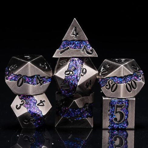 Metal DND Polyhedral Dice,Large Stripe Glitter Metallic Dice Set,Antique Silver Dice 7pcs Set for Role Playing Games in Saudi Arabia