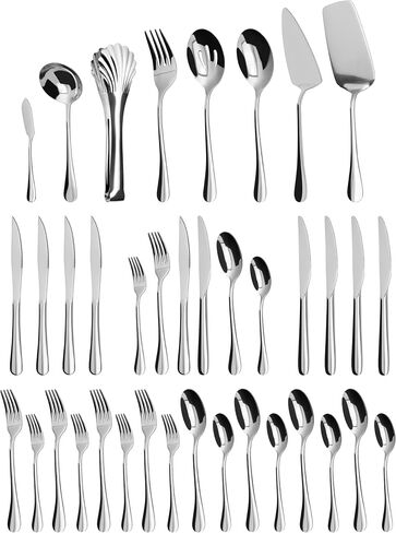 Silverware Set,32 piece Siverware Set and Serving Utensil Set,Stainless Steel Knives Spoon Forks Set for Home, Kitchen, Mirror Polished& Dishwasher Safe (5.5-11.2Inch Serving set+Silverware set-32pcs) in Saudi Arabia