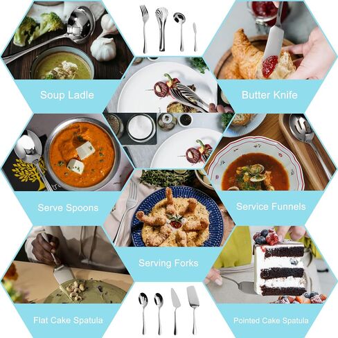 Silverware Set,32 piece Siverware Set and Serving Utensil Set,Stainless Steel Knives Spoon Forks Set for Home, Kitchen, Mirror Polished& Dishwasher Safe (5.5-11.2Inch Serving set+Silverware set-32pcs) in Saudi Arabia