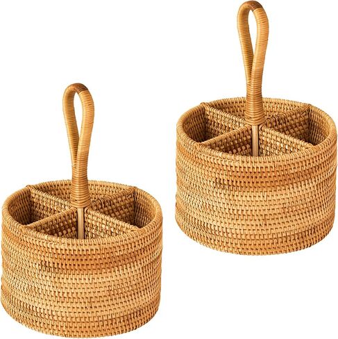 I-Lan 2 Pack Rattan Round Confare Carrier Utensil Caddy حامل-منظم مسطحات مصنوع يدويًا من 4 مؤسسات. in Kuwait