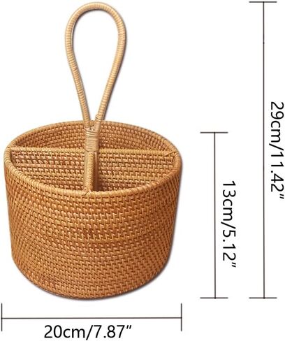 I-Lan 2 Pack Rattan Round Confare Carrier Utensil Caddy حامل-منظم مسطحات مصنوع يدويًا من 4 مؤسسات. in Kuwait