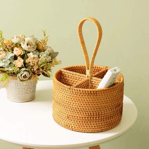 I-Lan 2 Pack Rattan Round Confare Carrier Utensil Caddy حامل-منظم مسطحات مصنوع يدويًا من 4 مؤسسات. in Kuwait