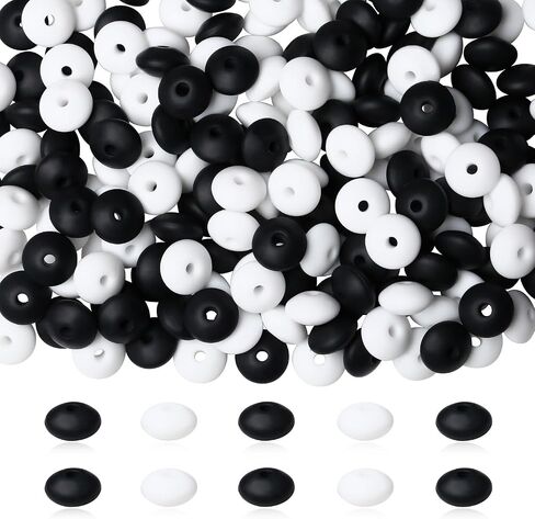 200Pcs Silicone Lentil Beads, Black and White 12mm Silicone Abacus Beads for Keychain Making Focal Beads Bulk for Necklace Bracelet Jewelry DIY Crafts Accessories Spacer Beads for Pens in Kuwait