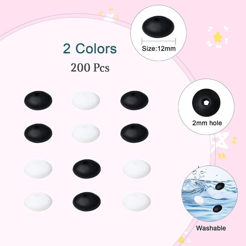 200Pcs Silicone Lentil Beads, Black and White 12mm Silicone Abacus Beads for Keychain Making Focal Beads Bulk for Necklace Bracelet Jewelry DIY Crafts Accessories Spacer Beads for Pens in Kuwait