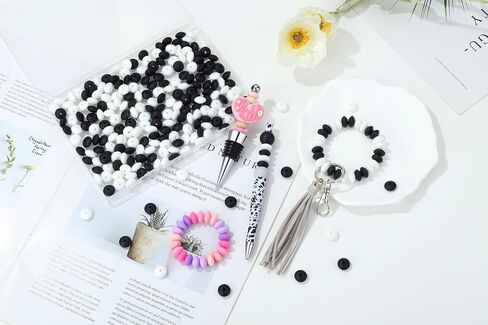200Pcs Silicone Lentil Beads, Black and White 12mm Silicone Abacus Beads for Keychain Making Focal Beads Bulk for Necklace Bracelet Jewelry DIY Crafts Accessories Spacer Beads for Pens in Kuwait