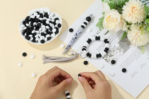 200Pcs Silicone Lentil Beads, Black and White 12mm Silicone Abacus Beads for Keychain Making Focal Beads Bulk for Necklace Bracelet Jewelry DIY Crafts Accessories Spacer Beads for Pens in Kuwait