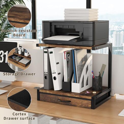 2-Tier Desktop Printer Stand and Storage Shelf, Home Office Desk with Fabric Drawer, Organizer for 3D Printer, Fax Machine, Scanner, Compact Size 17.3"x11.8" Printer Stand for Desk, White in Kuwait