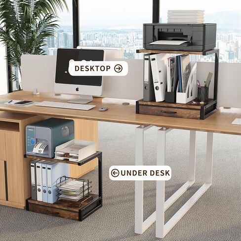 2-Tier Desktop Printer Stand and Storage Shelf, Home Office Desk with Fabric Drawer, Organizer for 3D Printer, Fax Machine, Scanner, Compact Size 17.3"x11.8" Printer Stand for Desk, White in Kuwait