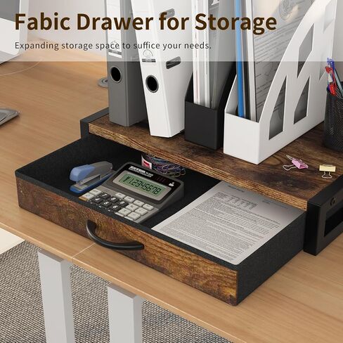 2-Tier Desktop Printer Stand and Storage Shelf, Home Office Desk with Fabric Drawer, Organizer for 3D Printer, Fax Machine, Scanner, Compact Size 17.3"x11.8" Printer Stand for Desk, White in Kuwait