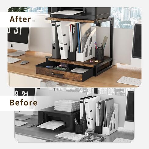 2-Tier Desktop Printer Stand and Storage Shelf, Home Office Desk with Fabric Drawer, Organizer for 3D Printer, Fax Machine, Scanner, Compact Size 17.3"x11.8" Printer Stand for Desk, White in Kuwait
