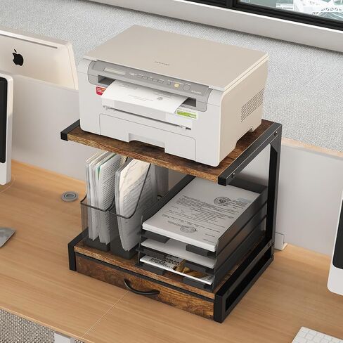 2-Tier Desktop Printer Stand and Storage Shelf, Home Office Desk with Fabric Drawer, Organizer for 3D Printer, Fax Machine, Scanner, Compact Size 17.3"x11.8" Printer Stand for Desk, White in Kuwait