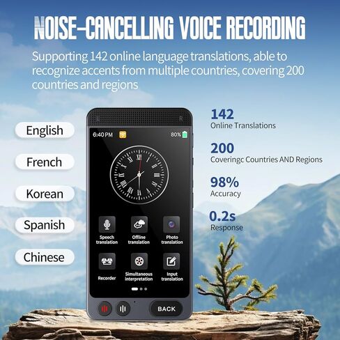 Language Translator Device, 142 Languages AI Translator with 2000mA Battery, Two Way Real-Time Voice Translation, Portable Smart Instant Translator for Voice/Text/Photo in Kuwait
