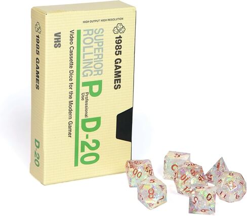 1985 Games DND DICE SET ، VHS Retro Games Box Dice Box ، Resin Handmade Sharp Edge D&D Dice Met for Dungeons & Dragon Games ، تم تعيينه لألعاب لعب الأدوار (Plasmic Punch ، مجموعة من 7 زهر) in Kuwait