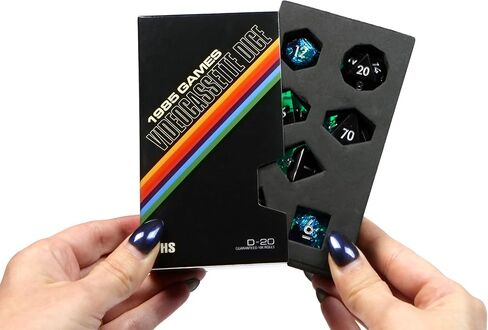 1985 Games DND DICE SET ، VHS Retro Games Box Dice Box ، Resin Handmade Sharp Edge D&D Dice Met for Dungeons & Dragon Games ، تم تعيينه لألعاب لعب الأدوار (Plasmic Punch ، مجموعة من 7 زهر) in Kuwait