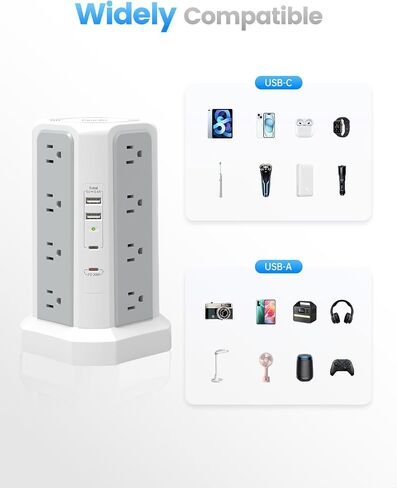 Power Strip Tower Surge Protector 16 Outlets and 4 USB Ports (PD 20W), 10FT Long Extension Cord with Flat Plug 1800J Overload Protection for Home Office DormRoom Essentials in Saudi Arabia