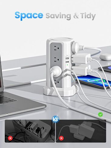 Power Strip Tower Surge Protector 16 Outlets and 4 USB Ports (PD 20W), 10FT Long Extension Cord with Flat Plug 1800J Overload Protection for Home Office DormRoom Essentials in Saudi Arabia