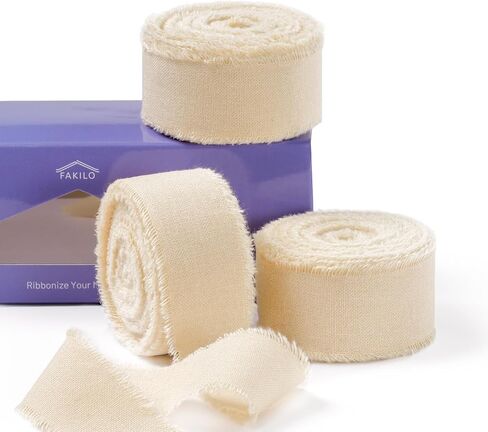 Natural Rustic Cotton Ribbon with Frayed Edge,100% Cotton Ribbon Champagne 1" x 18yds for Vintage Wedding Bouquets,Invitations,Baby Shower,Gift Wrapping,DIY Crafts,Home Decor in Saudi Arabia