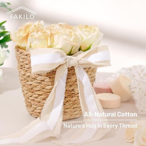 Natural Rustic Cotton Ribbon with Frayed Edge,100% Cotton Ribbon Champagne 1" x 18yds for Vintage Wedding Bouquets,Invitations,Baby Shower,Gift Wrapping,DIY Crafts,Home Decor in Saudi Arabia