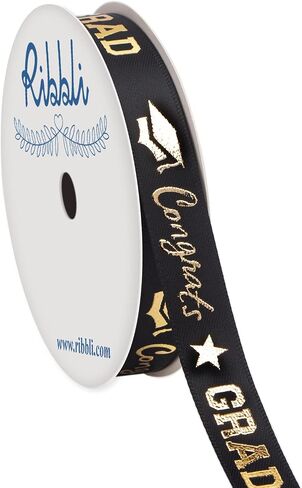Ribbli Graduation Ribbon,Congrats Grad Black&Gold Satin Ribbon Use for Gift Wrapping,Graduation Party Decoration,3/8 Inches x 10 Yards in Saudi Arabia