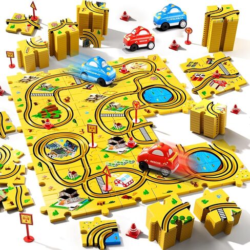 64 PCS Puzzle Race Cars Track Set Toys for Kids Boys, Puzzle Racer Kids Car Track Set Ages 3-5 4-6, Toys Gifts for 3 4 5 Year Old Boys, Ideal 3 4 5 Year Old Boys (Animals) in Kuwait