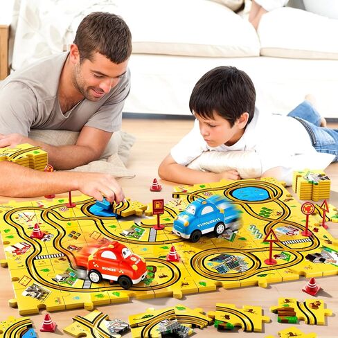 64 PCS Puzzle Race Cars Track Set Toys for Kids Boys, Puzzle Racer Kids Car Track Set Ages 3-5 4-6, Toys Gifts for 3 4 5 Year Old Boys, Ideal 3 4 5 Year Old Boys (Animals) in Kuwait