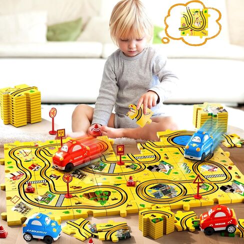 64 PCS Puzzle Race Cars Track Set Toys for Kids Boys, Puzzle Racer Kids Car Track Set Ages 3-5 4-6, Toys Gifts for 3 4 5 Year Old Boys, Ideal 3 4 5 Year Old Boys (Animals) in Kuwait
