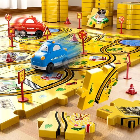 64 PCS Puzzle Race Cars Track Set Toys for Kids Boys, Puzzle Racer Kids Car Track Set Ages 3-5 4-6, Toys Gifts for 3 4 5 Year Old Boys, Ideal 3 4 5 Year Old Boys (Animals) in Kuwait