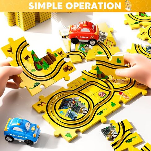 64 PCS Puzzle Race Cars Track Set Toys for Kids Boys, Puzzle Racer Kids Car Track Set Ages 3-5 4-6, Toys Gifts for 3 4 5 Year Old Boys, Ideal 3 4 5 Year Old Boys (Animals) in Kuwait