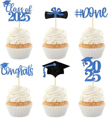 Graduation Decorations 2025-24Pcs Blue Glitter Graduation Cupcake Toppers for Class of 2025 Party Decorations in Kuwait