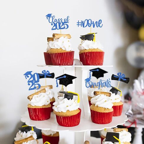 Graduation Decorations 2025-24Pcs Blue Glitter Graduation Cupcake Toppers for Class of 2025 Party Decorations in Kuwait