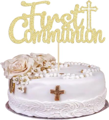 Gyufise 25Pcs First Holy Communion Cupcake Toppers Gold Glitter First Communion Cake Topper God Bless Dove Cross Cupcake Picks God Christian Baptism Theme Baby Shower Birthday Party Cake Supplies in Kuwait
