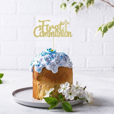 Gyufise 25Pcs First Holy Communion Cupcake Toppers Gold Glitter First Communion Cake Topper God Bless Dove Cross Cupcake Picks God Christian Baptism Theme Baby Shower Birthday Party Cake Supplies in Kuwait