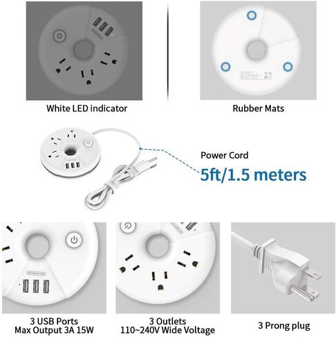 Travel Power Strip with USB Ports, NTONPOWER Cruise Approved Power Strip with 3 Outlet 3 USB, 5 ft Extension Cord with USB Ports, Compact for Indoor Home Office Dorm Room Cruise Essentials, White in Kuwait