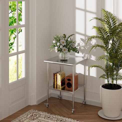 Stainless Steel Table with Wheels 30 x 30 Inches Metal Food Prep Worktable with Backsplash & Adjustable Undershelf for Kitchen, Outdoor, Restaurant, Bar & Garage in Kuwait