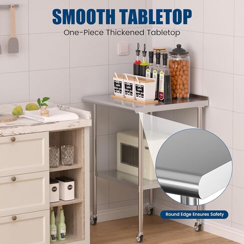 Stainless Steel Table with Wheels 30 x 30 Inches Metal Food Prep Worktable with Backsplash & Adjustable Undershelf for Kitchen, Outdoor, Restaurant, Bar & Garage in Kuwait