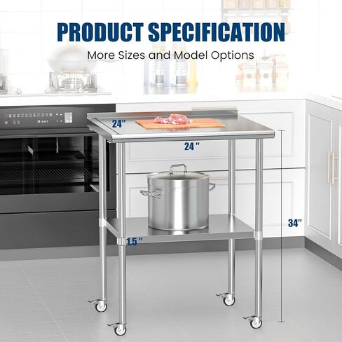 Stainless Steel Table with Wheels 30 x 30 Inches Metal Food Prep Worktable with Backsplash & Adjustable Undershelf for Kitchen, Outdoor, Restaurant, Bar & Garage in Kuwait