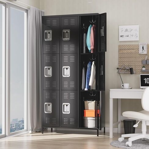 9 Doors Metal Office Storage Cabinet, Metal Lockers for Employees with 27 Hooks and 9 Shelves, 72 Inch Tall Steel Storage Cabinet Locker for Home, Office, Gym, School, Black in Saudi Arabia