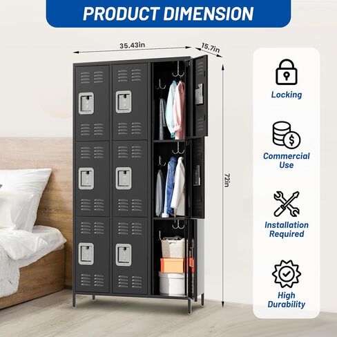 9 Doors Metal Office Storage Cabinet, Metal Lockers for Employees with 27 Hooks and 9 Shelves, 72 Inch Tall Steel Storage Cabinet Locker for Home, Office, Gym, School, Black in Saudi Arabia