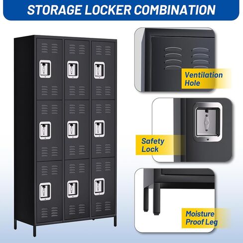 9 Doors Metal Office Storage Cabinet, Metal Lockers for Employees with 27 Hooks and 9 Shelves, 72 Inch Tall Steel Storage Cabinet Locker for Home, Office, Gym, School, Black in Saudi Arabia