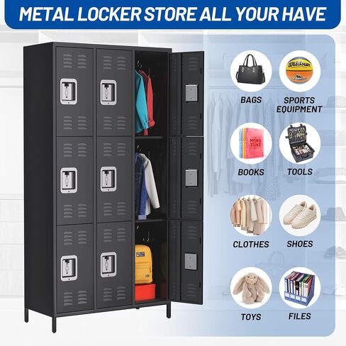 9 Doors Metal Office Storage Cabinet, Metal Lockers for Employees with 27 Hooks and 9 Shelves, 72 Inch Tall Steel Storage Cabinet Locker for Home, Office, Gym, School, Black in Saudi Arabia