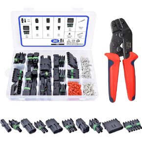 Automotive Waterproof Wire Connectors with Ratcheting Wire Crimper Kit, 301Pcs 20 Kits Waterproof Car Electrical Wire Connector Terminals Plug 1/2/3/4/6 Male&Female Pin Small Plug(22-16AWG)
