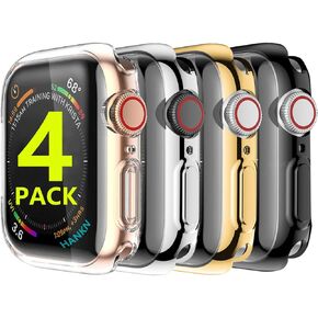 [4 Pack] HANKN Screen Protector Case for Apple Watch Series 3 2 1 38mm, Soft TPU Full Coverage Plated Shockproof Smartwatch iWatch Cover Bumper (Clear+Silver+Gold+Black, 38mm)