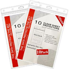 Ollain 10 PCS Page Protectors Waterproof Resealable Zip Paper Page Sheet Protectors Clear Hard Plastic Sleeves, 8.5" x 11" | Premium Quality for Ultimate Document Protection
